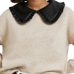 River Island | Faux Leather Collar Sweater in Beige NWT